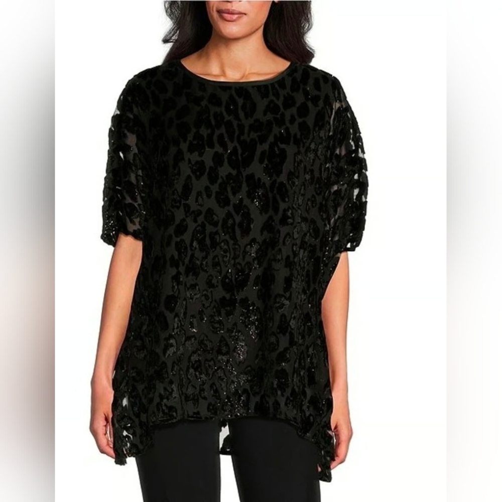 Caroline Rose Shimmering Leopard Pattern Velvet Black Devore Caftan Tunic: Small